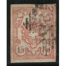 SUIZA 1852 ESTAMPILLA CLASICA Yv. 23 ( Zu. 20 ) CON INFIMO ADELGAZAMIENTO APENAS VISIBLE DESDE EL DORSO MAGNIFICO EJEMPLAR RARO !!! 150 EUROS